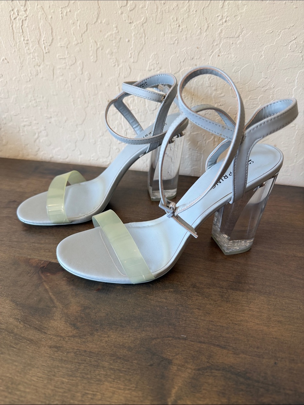 Strappy Clear Block Heel Sandals in Light Gray with Pale Green Accent
